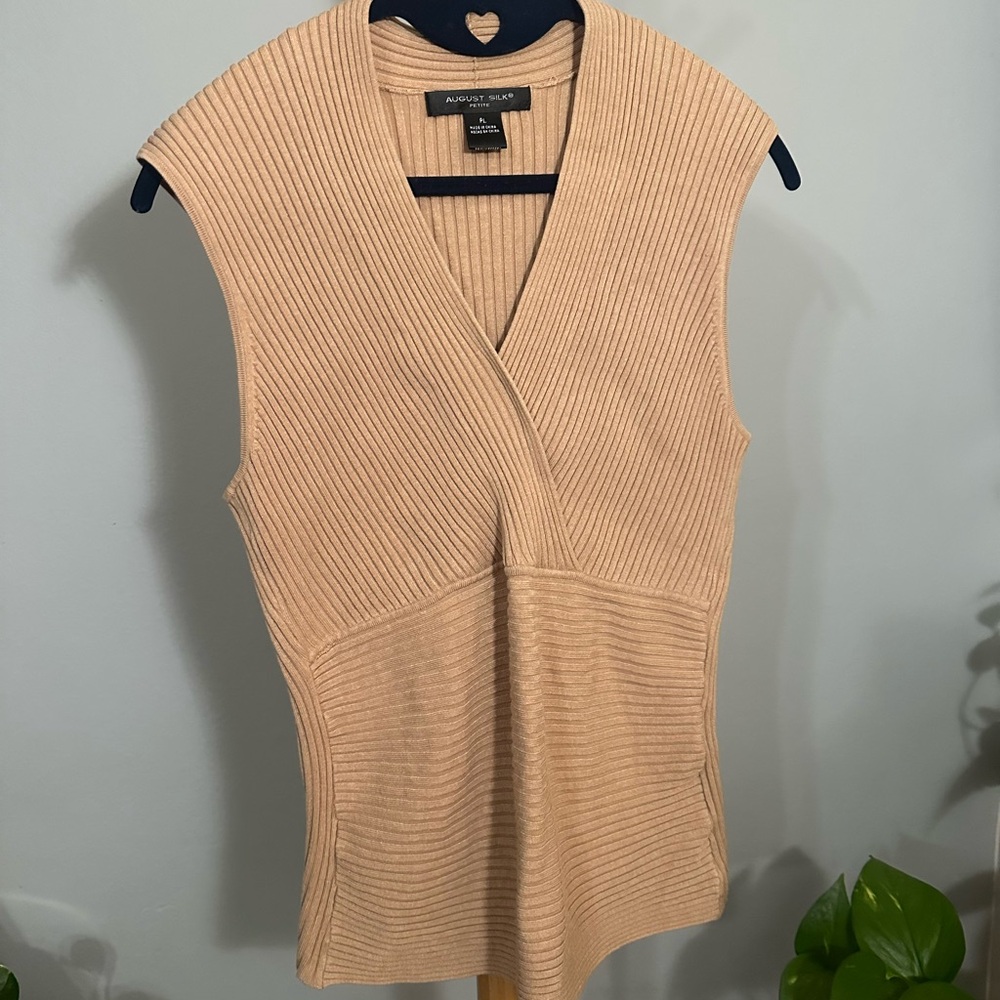 August Silk Ribbed Knit Sleeveless Top in Beige